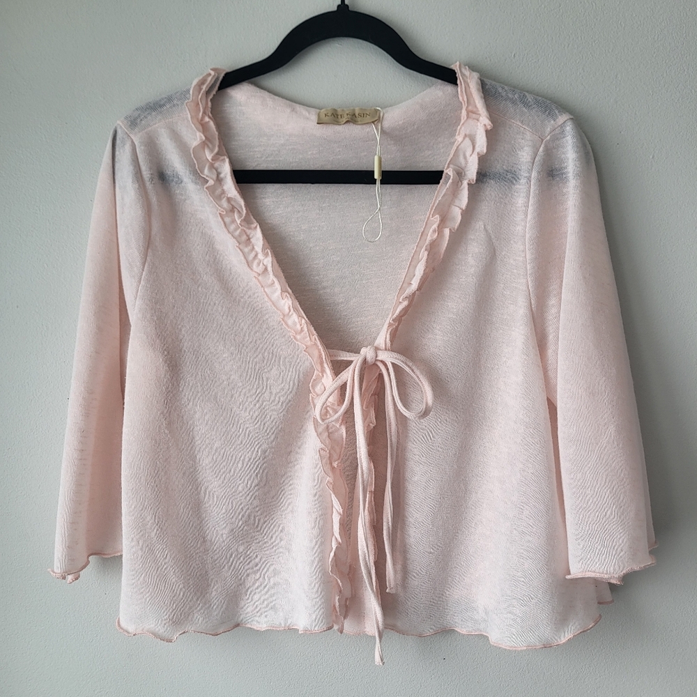 Kate Kasin Sheer Ruffle Tie-Front Top in Pale Pink Sz XL